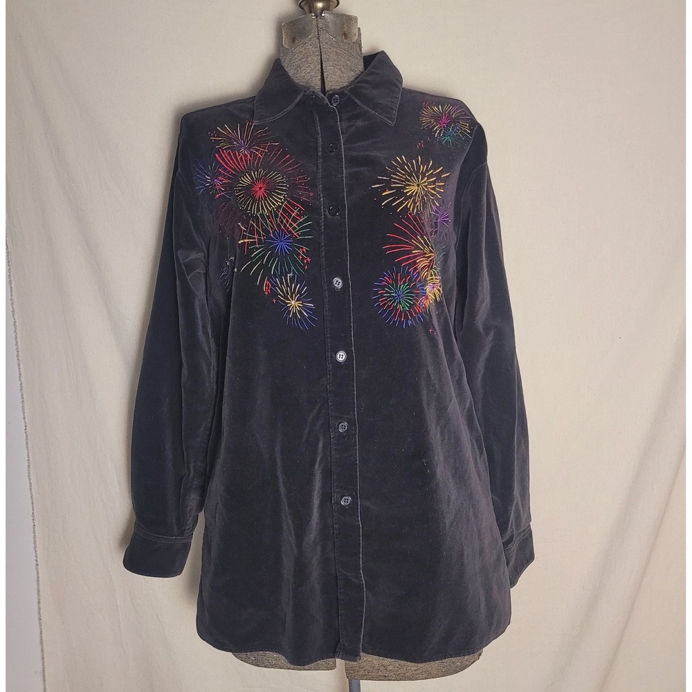Quacker Factory Womens Button Up Shirt Velour Embroidered Fireworks‎ M